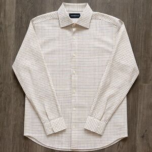 Saks Fifth Avenue Cream Dress Shirt with Blue and Tan Grid